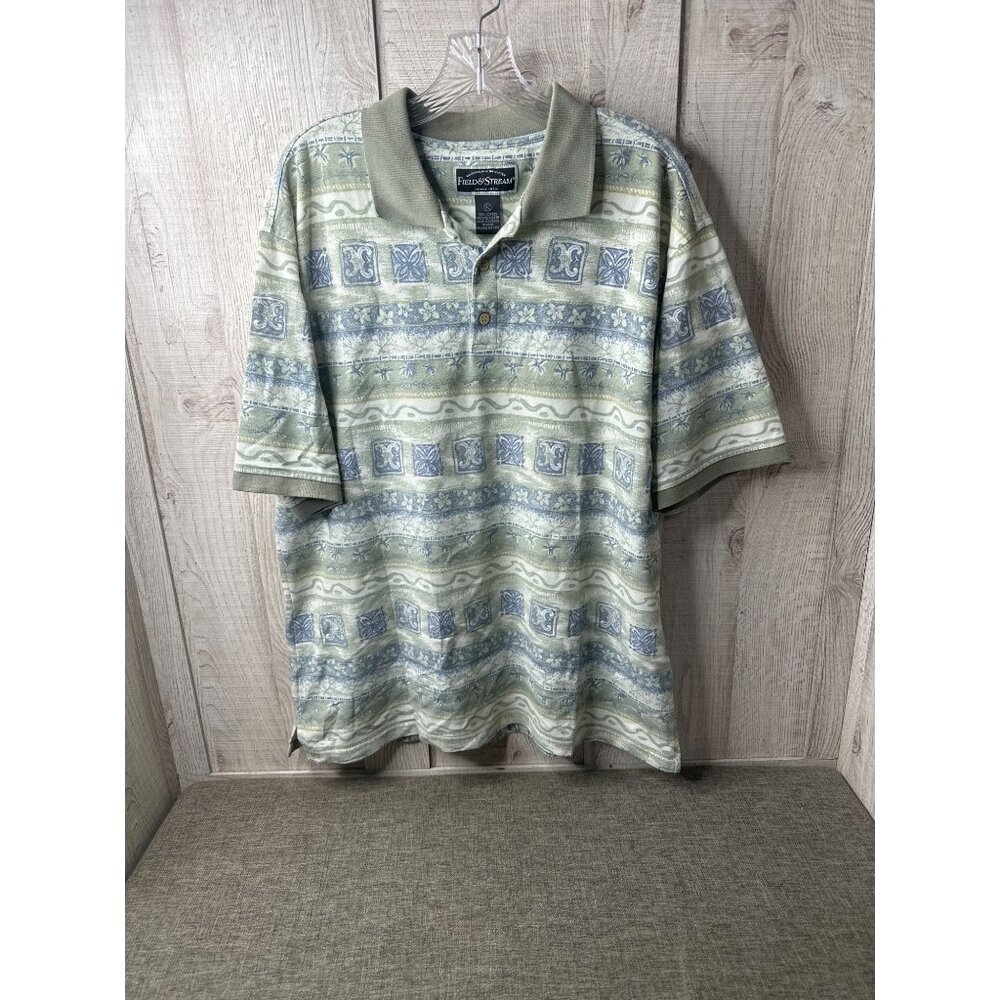 Field & Stream Mens XL Green Blue Patterned Polo Shirt Palm Trees Casual Cruise
